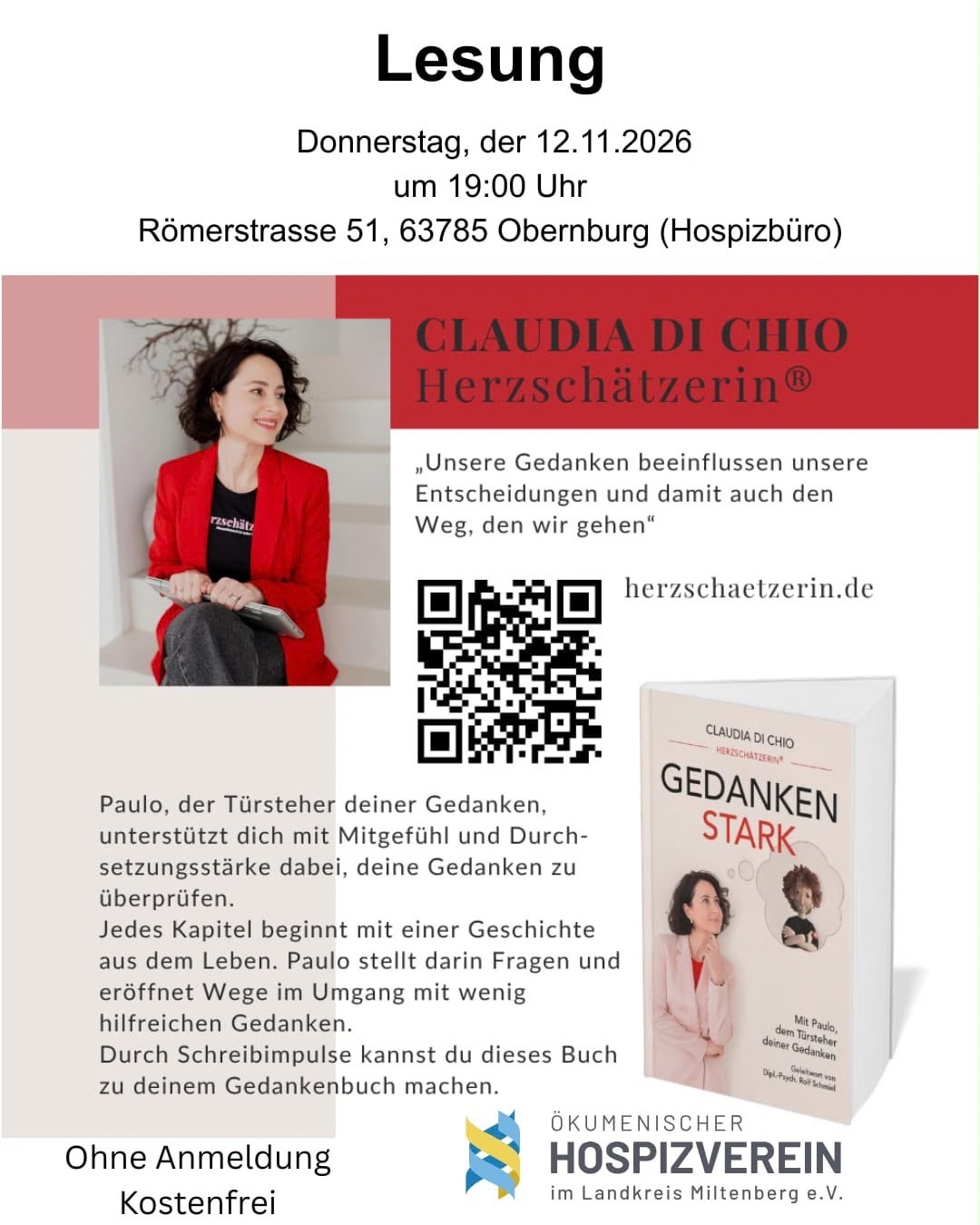 Ankündigung einer Lesung von Claudia Di Chio mit ihrem Buch ‚GEDANKENSTARK – Mit Paulo, dem Türsteher deiner Gedanken‘ am 12. November 2026 um 19 Uhr im Hospizbüro in Obernburg. Mit Foto der Autorin, Buchcover und Logo des Ökumenischen Hospizvereins. Eintritt frei, keine Anmeldung erforderlich.